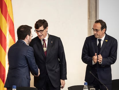 Salvador Illa, junto a Pere Aragonès y Josep Rull, durante la toma de posesión.