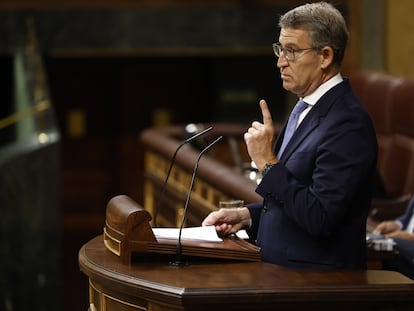 Feijóo da la réplica al presidente del Gobierno, Pedro Sánchez, durante el pleno extraordinario en el que ha presentado un plan de regeneración.