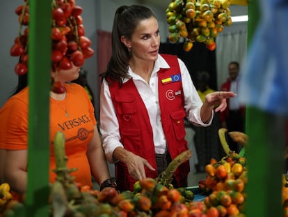 La reina Letizia visita un proyecto apoyado por una fundación del BBVA en Cali (Colombia), en junio de 2023.