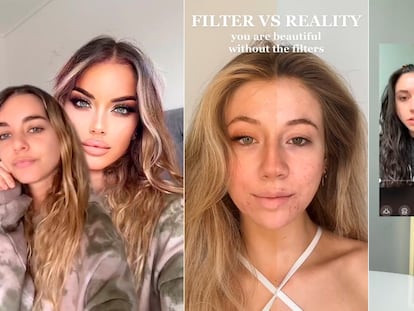 Tres usuarias de TikTok muestran su rostro con los filtros que ofrece la aplicación, comparado con su imagen real.