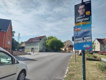 Carteles electorales de Alternativa para Alemania (AfD), este martes en el municipio alemán de Rositz, en Turingia.