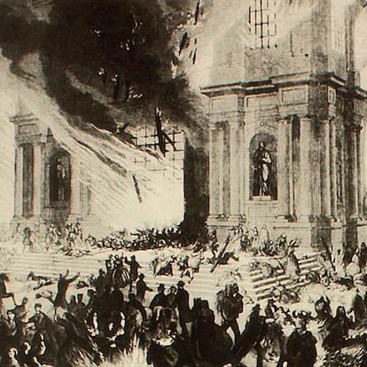 Un grabado que ilustra el incendio de la Compañía de Jesús, ocurrido en Santiago de Chile en 1863.