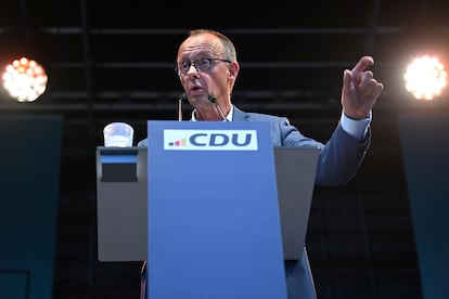 El líder de la CDU, Friedrich Merz, en un acto en la ciudad de Brandenburg, este miércoles.