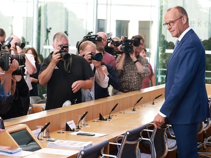 Friedrich Merz, este martes en la rueda de prensa en Berlín.