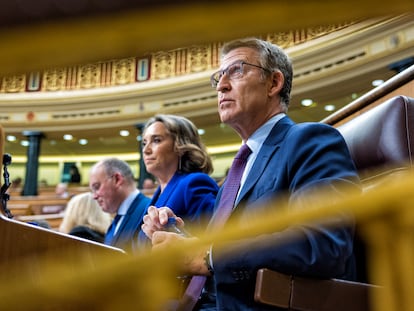 Feijóo, junto a Gamarra y Tellado, esta mañana en el Congreso.