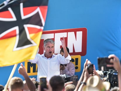 El candidato de AfD en Turingia, Björn Höcke, durante un mitin este fin de semana en Sömmerda (Alemania).