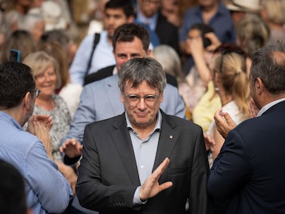 Carles Puigdemont durante un acto de campaña de JxCat en Colliure (Francia), el pasado viernes.