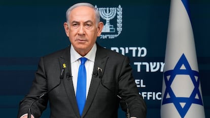 Benjamín Netanyahu, durante su rueda de prensa, este lunes en Jerusalén.
