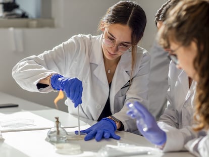 Estudiantes de FP realizan prácticas en un laboratorio en un centro privado en Madrid.