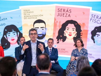 El ministro de la Presidencia, Justicia y Relaciones con las Cortes, Félix Bolaños, durante el acto de presentación de las becas para opositores a los cuerpos de la Administración de Justicia.